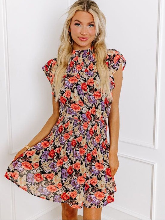entro Dresses & Skirts - entro Floral Smocked Dress in Coral, Lavender & Black